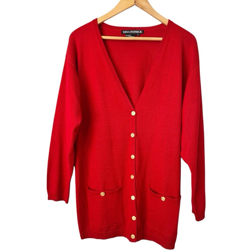Nina Patrick Red Wool Blend Button Front Long Cardigan Sweater Womens Size Small